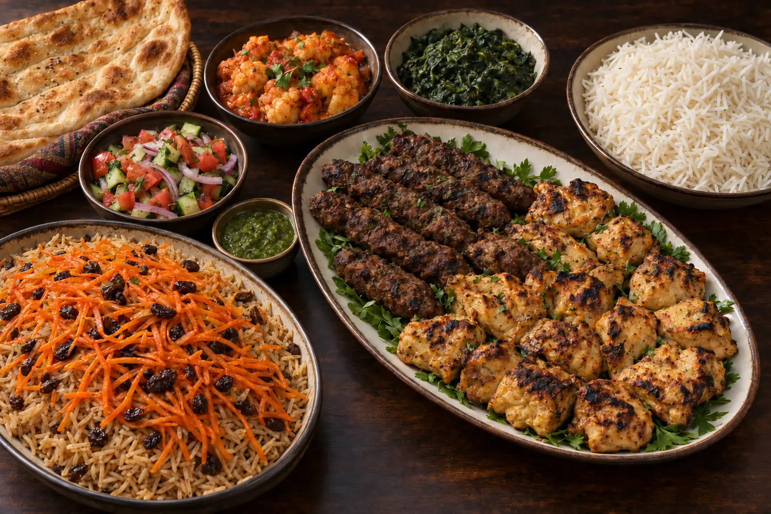 An illustrative Afghan spread with chicken kabob, shami ground-beef kabob, rice, bread, salad and vegetable accompaniments