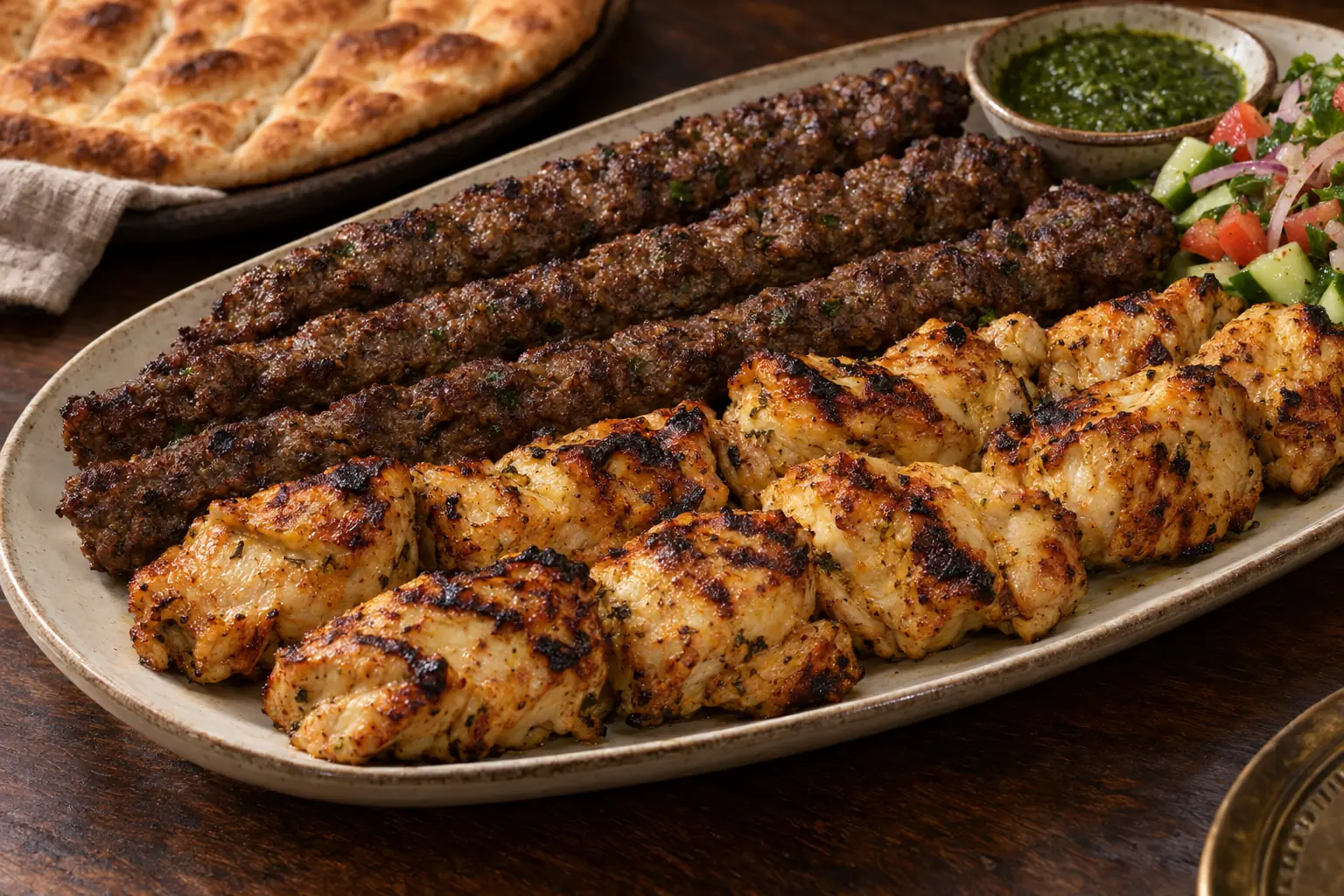 Illustrative close-up of chicken kabob and shami made with ground Angus beef