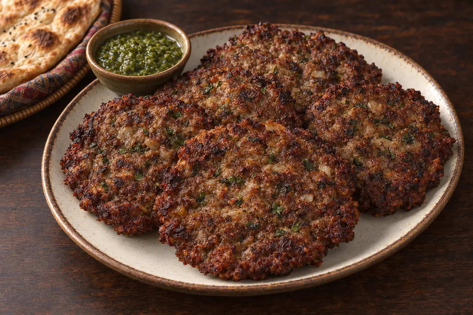 Illustrative close-up of Chapli, the ground beef and lamb patties included in Menu No. 3