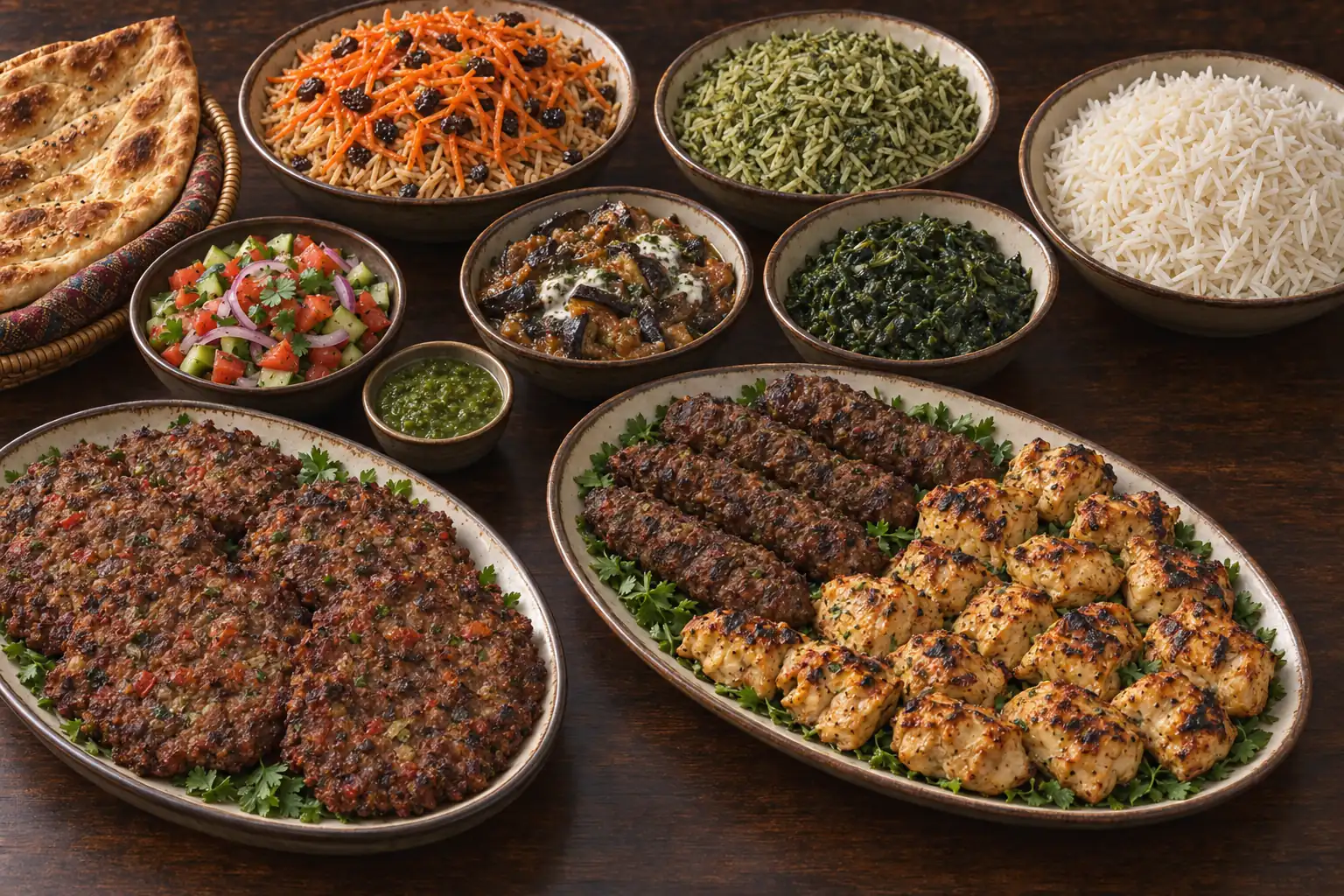 An illustrative celebration spread with chicken kabob, shami, chapli patties, three rice dishes, Naan, salad and vegetables
