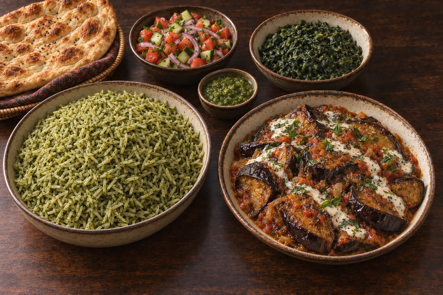 Illustrative presentation of Banjan, Ladam rice, Sabzy, Afghan salad, chutney and Naan from the celebration menu