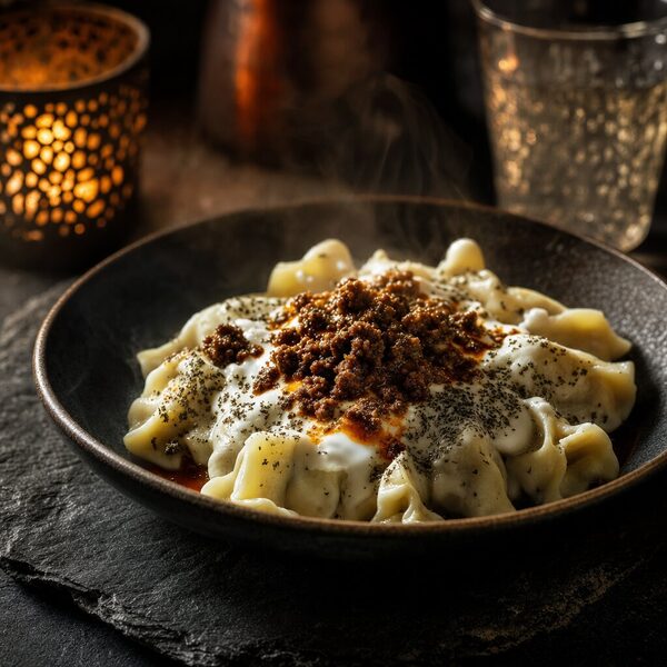 Ashak — steamed dumplings filled with chives and scallions, under meat sauce and mint yogurt