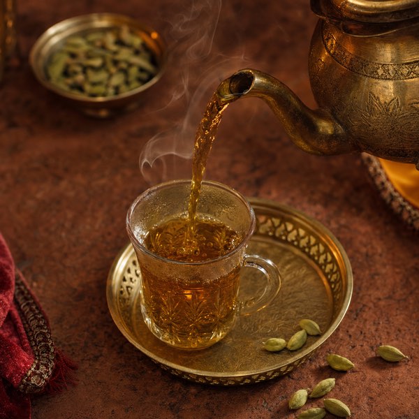 Chai Sabz — green tea brewed with cardamom, poured from a brass teapot
