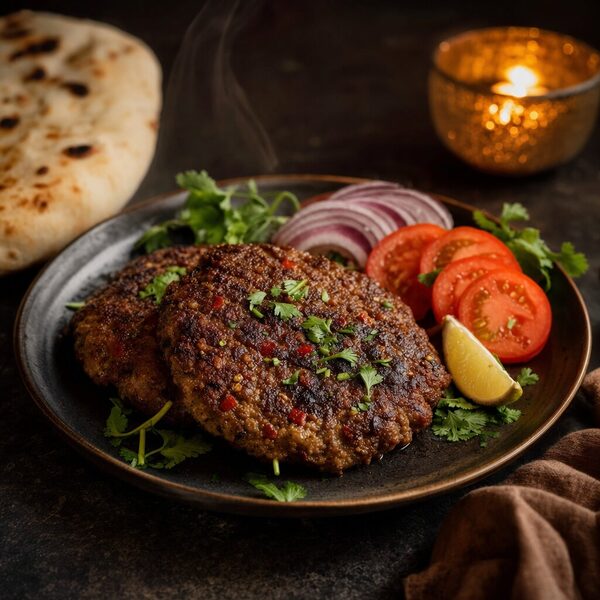 Illustrative Chapli Kabob patties with charred edges, herbs and a wedge of lemon