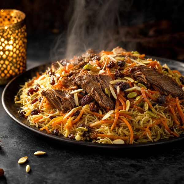 Illustrative rice platter with carrots and raisins on a dark ceramic plate