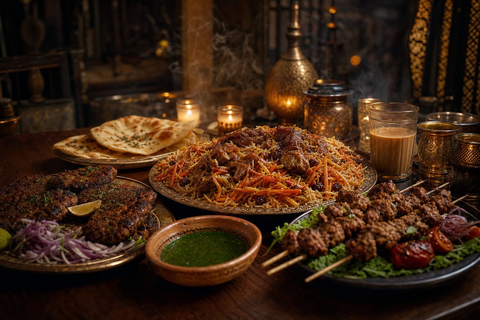 Illustrative Afghan feast with Kabli Palaw, kabobs, naan and chai on a candlelit table