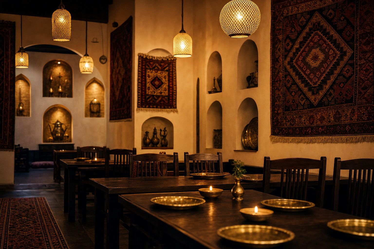 Illustrative Afghan dining room with candlelit tables, brass plates, rugs and pendant lamps