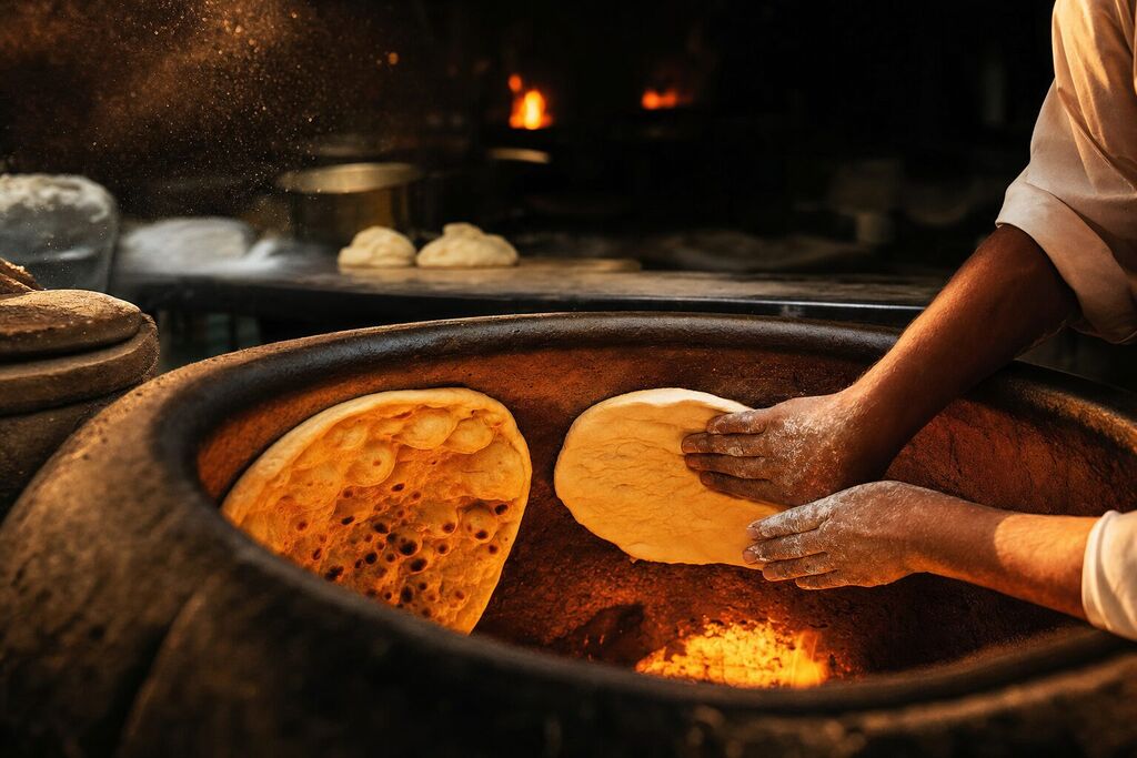 Illustration of a baker's hands pressing naan dough onto the inner wall of a clay tandoor
